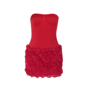 Strapless Velvet Bodycon Mini <b>Dress</b> <b>With</b> Rose Applique Floral Hem Tight <b>Waist</b> Fitted Party Style Sexy Autumn Wear - Product Image 4