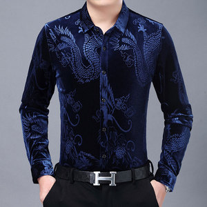 Chemise à manches longues pour hommes, vêtement de soirée Social, coupe cintrée, top décontracté de luxe, broderie Dragon <span class=keywords><strong>chinois</strong></span>, velours - Product Image 1