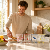 Gobelet en verre à bord coloré, base épaisse et lourde, avec nœud fraise, pour café glacé et lait, idéal pour la maison, le café et le petit-déjeuner