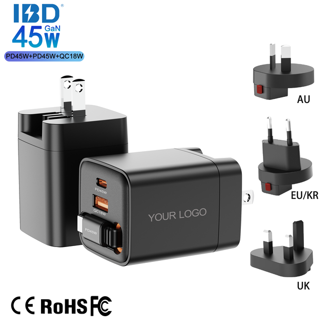 For 45W PD3.0 PPS SCP OTP Fast Wall Charger with Retractable Cable (80cm) USB-C + USB-A Ports CE/FCC Certified