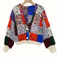 Pull en tricot d'hiver respirant fait à la main E&L pour femmes, couleur bonbon, motif géométrique, col en V, manches longues, bouton unique