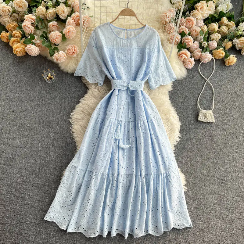 Stock Women Summer Style Round Neck Slim length Embroidered short sleeve casual Holiday Bohemian ruffle hem long midi Dress