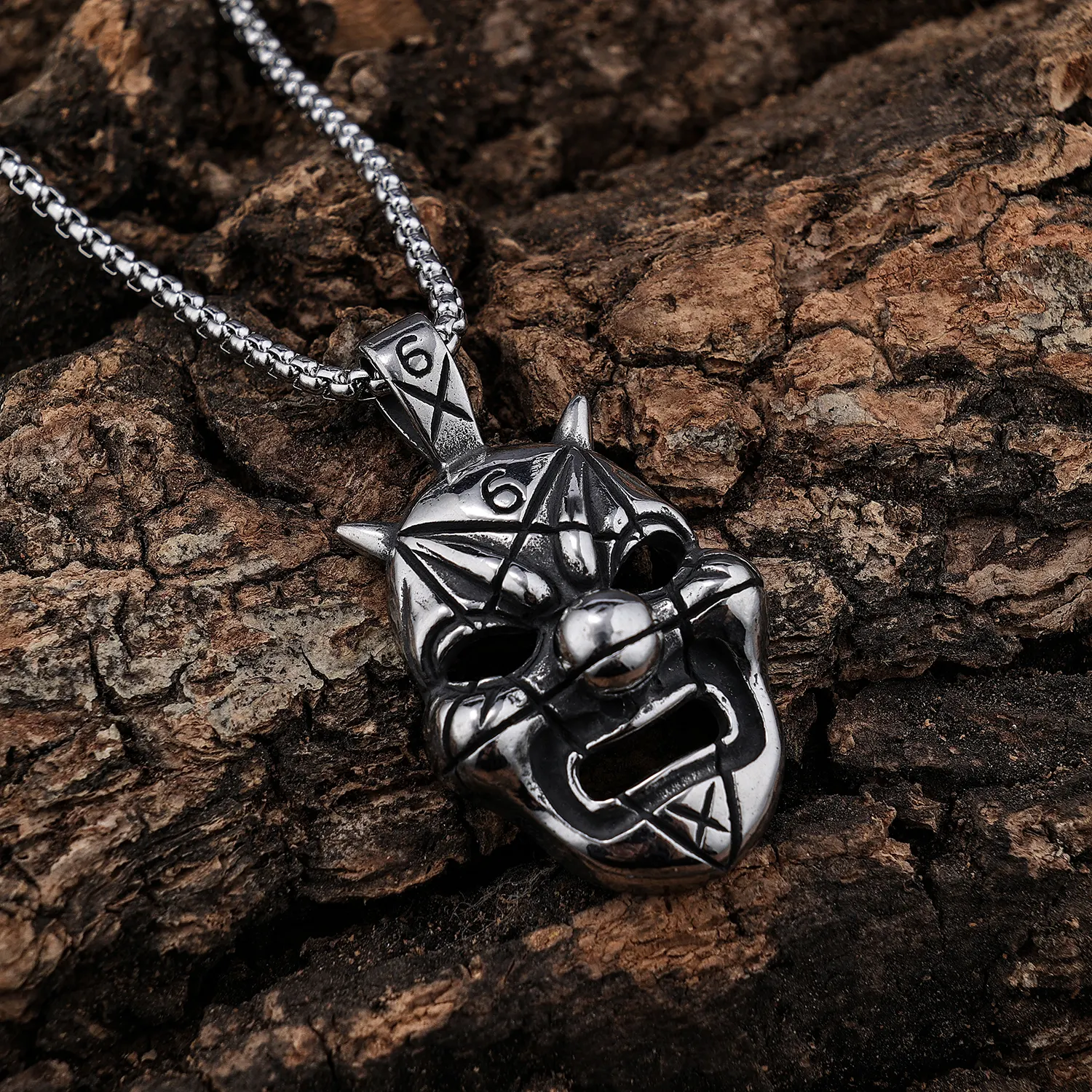 Stainless Steel Number 6 Pentagram Star Scar Face Dark Horror Death Gothic Mask Movie Game Character Pendant Necklace