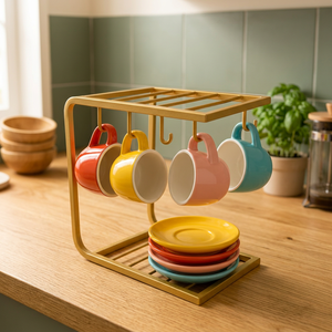 Support à tasses moderne à double niveau en métal avec étagère à assiettes pour le rangement de la vaisselle de cuisine, type sur pied, design durable - Product Image 5