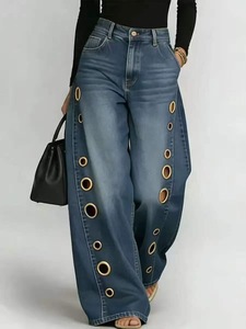 <span class=keywords><strong>Jeans</strong></span> da <span class=keywords><strong>donna</strong></span> a gamba dritta media, modello Street New, con occhielli metallici intagliati, tinta unita, vestibilità ampia e rilassata - Product Image 5