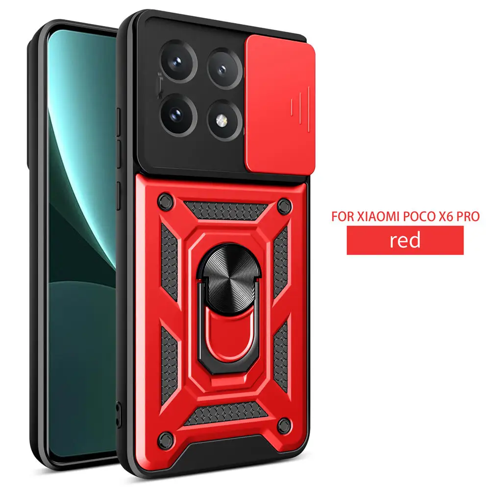 Slide Camera Push Window Armor Phone Case For Xiaomi Poco M6 X6 Pro 5G C65 For Redmi Note 13 Pro Plus Pro+ A3 K70E TPU+PC Cover