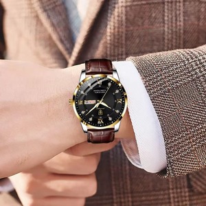 Montre-bracelet à quartz chronographe décontractée pour homme Drioshipping, style professionnel, aiguilles lumineuses, bracelet en cuir, boîtier de luxe tendance 5 mm - Product Image 4