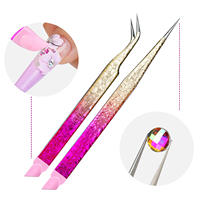 Pince à épiler en acier inoxydable pour nail art et extensions de cils, motifs fleur de glace arc-en-ciel, pointes droites et courbées en fibre, barre de pression en silicone, personnalisable