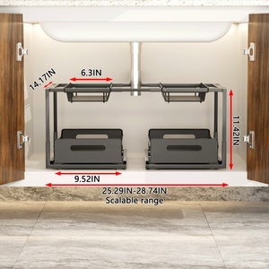2 Tiers Width Adjustable Expandable Under Sink Pull Out Cabinet Organizer Sliding Drawer Storage Metal Rack For <strong>Bathroom</strong> <strong>Kitchen</strong> - Product Image 4