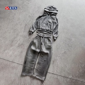 طقم هودي وبنطلون رياضي عالي الجودة بتصميم ممزق للرجال، هودي مزدوج بغطاء للرأس مع طباعة DTG، بدلة رياضية من قطعتين - Product Image 2