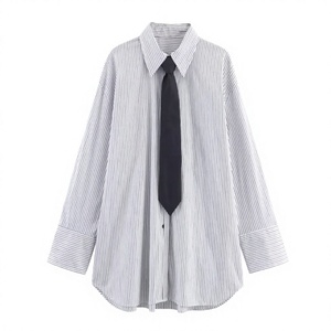 Blusa gris vintage tejida a rayas con cuello vuelto, botones, manga larga, holgada, informal y extragrande para mujer - Product Image 2
