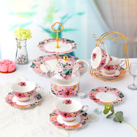 Set Teh Keramik Bone China Desain Elegan Gaya Baru Mewah dengan Cangkir Kopi dan Tatakan, Teko, dan 2 Tingkat Tempat Kue untuk Hadiah