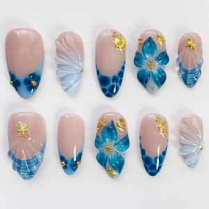 เล็บปลอมสไตล์เกาะทะเลแบบอัลมอนด์ งานแฮนด์เมด เล็บปลอมสั่งทำพิเศษพร้อมดอกไม้ 3 มิติ เล็บปลอมแบบกดติดสำหรับฤดูใบไม้ผลิ ขายส่ง - Product Image 3