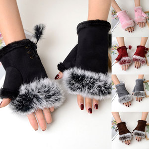 Guantes de Mujer de Alta Calidad, Medios Dedos, Lindos Guantes de Piel Sintética con Peluche, Mitones sin Dedos con Pelo Sintético de Conejo para Mujer - Product Image 1