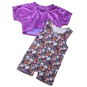 도매 사용자 정의 할로윈 데이 승화 세트 베이비 롬퍼와 퍼플 가죽 소재 반팔 탑 세트 - Product Image 2