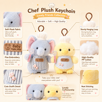 Vente en gros usine : Porte-clés animaux de chef assortis (5 modèles) avec chapeau, tablier et spatule, en peluche super douce rembourrée de coton PP, 15 cm
