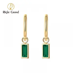 Emerald Zircon Earrings Rectangular Pendant Stainless Steel Earrings 14K Gold Simple Pendant Earrings For Women