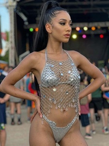 Harnais de corps argenté avec pampilles en cristal, chaîne de poitrine, chaîne à anneaux, bijou de corps à <span class=keywords><strong>disque</strong></span> supérieur, accessoires pour festivals et raves, collier halter - Product Image 6