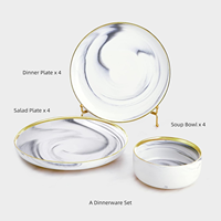 Assiette et bol en fil d'or en marbre bleu et blanc texturé ensemble de 3 ensemble de vaisselle de luxe en porcelaine de mariage