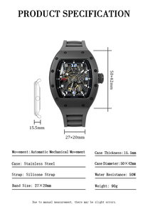 Reloj de Diseño JC-9-190G-35, Resistente al Agua, con Correa de Silicona y Acero Inoxidable, Esfera Esqueleto, Movimiento Mecánico Automático - Product Image 6