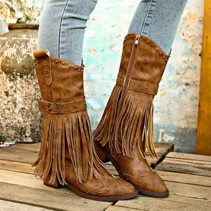 Moda das mulheres Western Cowgirl Cowboy Boots Wide apontou Toe Mid Calf Womens PU Leather Tassel botas