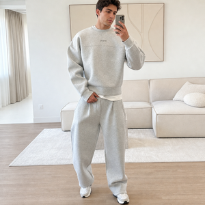 Unisex Crewneck Sweatshirt Set <b>Light</b> Gray Relaxed Top Wide Leg Jogger Pants Casual Sportswear Custom OEM ODM Wholesale - Product Image 2