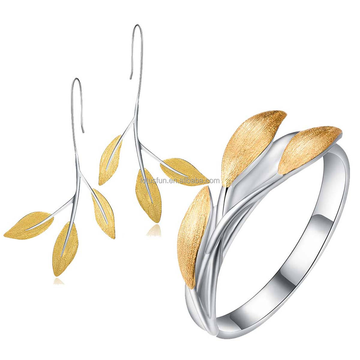 Lotus Fun Handmade Minimalist Latest Design 925 Sterling Silver 18k Gold  Plated Leaf Ring Earrings Fine Jewelry Set for Women