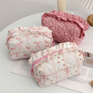 Custom Print Bow Zipper for Floral Cotton Women's Cute Travel Makeup <b>Storage</b> for <b>Bag</b> Ruffle <b>Quilted</b> Pouch - Product Image 6