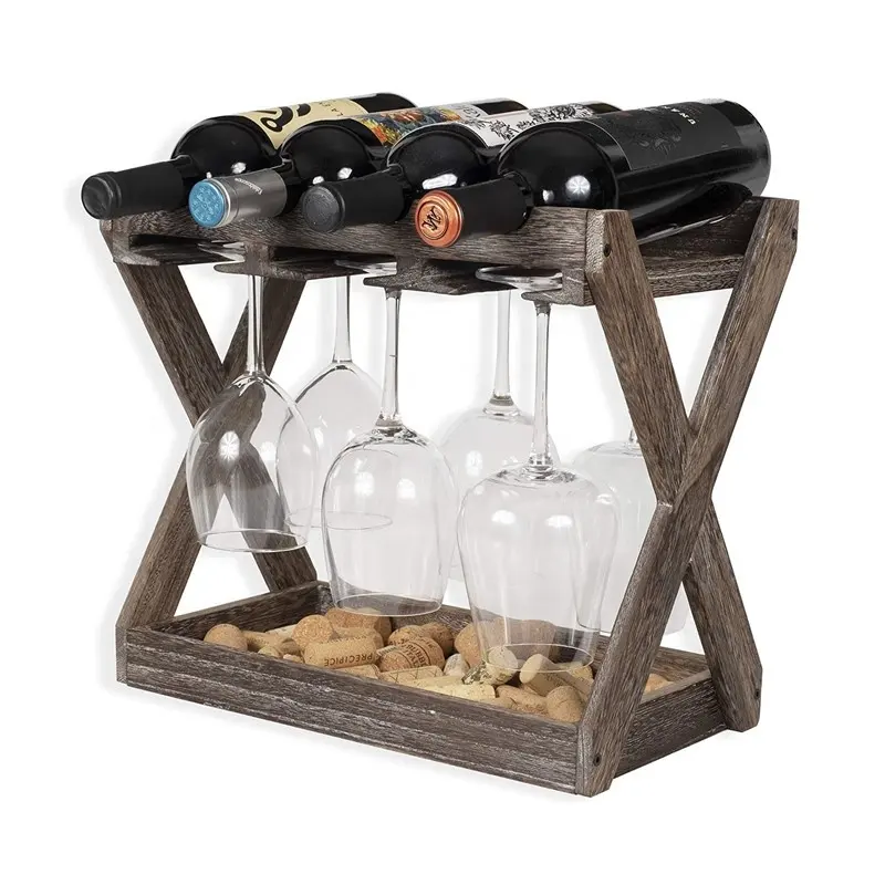 Soporte de madera para 6 botellas de vino, estante de exhibición de vino con soporte para copa de vino