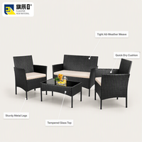 Ensemble de patio en rotin noir 4 pièces, meubles d'extérieur en rotin avec deux fauteuils, un canapé et une table basse