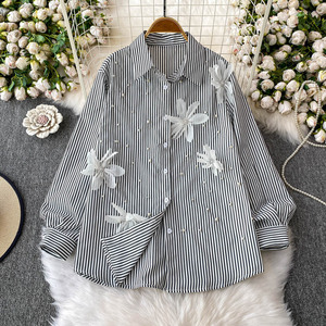 Camisa de Mujer con Solapa y Flores, Blusa Holgada a Rayas, a la Moda - Product Image 2