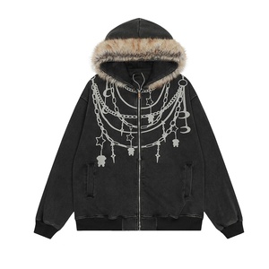 <span class=keywords><strong>Felpa</strong></span> <span class=keywords><strong>con</strong></span> cappuccio da uomo in maglia lavata stile retrò autunno 2026 <span class=keywords><strong>con</strong></span> collo in pelliccia e cerniera, vestibilità ampia, nuova collezione - Product Image 1