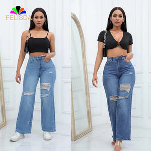 Moda Xs agujeros <span class=keywords><strong>rotos</strong></span> ahueca hacia fuera los <span class=keywords><strong>pantalones</strong></span> de lápiz de las mujeres <span class=keywords><strong>pantalones</strong></span> de pierna ancha <span class=keywords><strong>mujer</strong></span> verano Casual Commuter Long Ripped Denim Jeans - Product Image 1