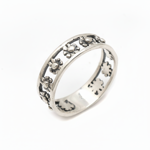 มือแกะสลักออกแบบออกซิไดซ์เงินแท้925ดอกไม้วงแหวนแหวนเงินธรรมดาแหวน - Product Image 1