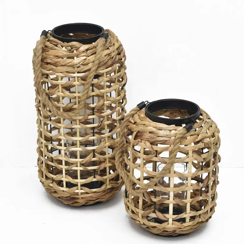 Customized Handwoven Straw Water Hyacinth Grass Hanging Candle Lantern Lamp Decorative Bamboo Lantern Home Decor Garden Wedding