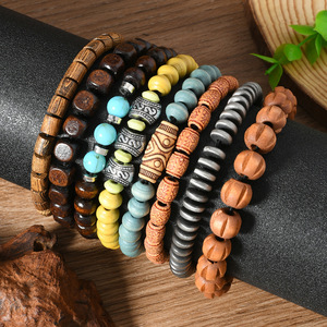 Handmade 8-Mảnh Phong Cách Retro Bằng Gỗ Bead Vòng Đeo Tay Cho Nam Giới Đơn Giản Giản Dị Nhiều Hai Lớp Đàn Hồi Chuỗi Hạt Bangle - Product Image 2