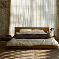 Lit double au sol de style japonais en bois massif nordique, personnalisable, moderne et simple, pour hôtel ou gîte