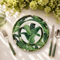 Ensemble de vaisselle en céramique de luxe avec bordure dorée, imprimé feuilles de bananier, tasses et bols pour mariage, hôtel et restaurant