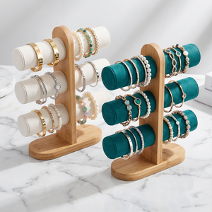 Wholesale Wooden Base 3 Tier <b>Leather</b> Watch Display White/Black/Green Velvet Displays for <b>Bracelets</b> Jewelry Retail - Product Image 1