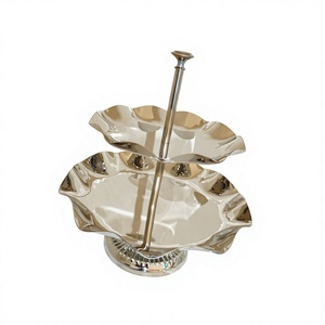 Support à gâteau à deux niveaux en acier inoxydable avec plateaux en forme de feuille, lavage à la main uniquement, plateau de service multi-niveaux pour présentation de desserts - Product Image 1