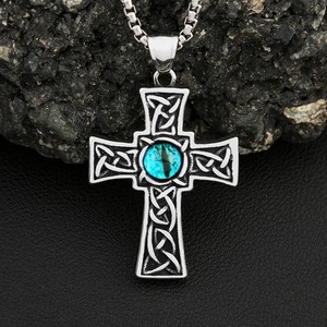 yunnique <b>Cross</b> Pendant Necklace Stainless Steel Men's Viking Knot Design Turquoise Inlay Gift Jewelry 60cm <b>Chain</b> - Product Image 1