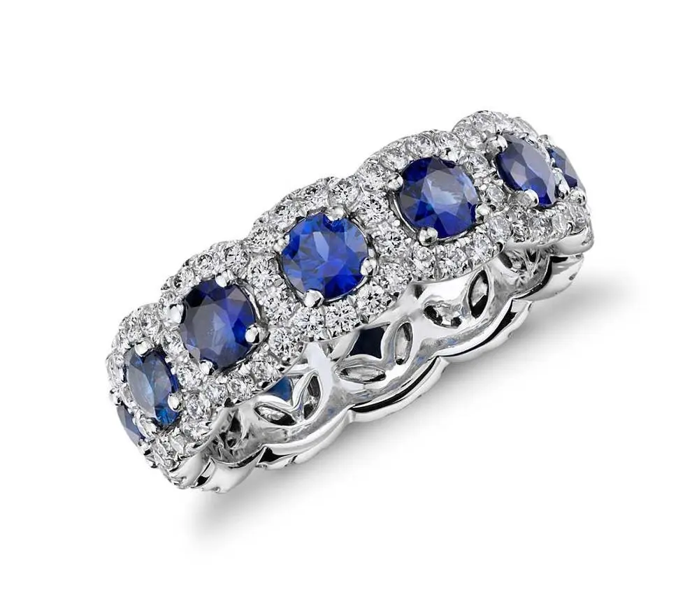 नकली स्टर्लिंग चांदी नीलम ब्लू शादी सर्कल अंगूठी महिलाओं को सबसे लोकप्रिय बैंड क्लस्टर अनंत काल की अंगूठी