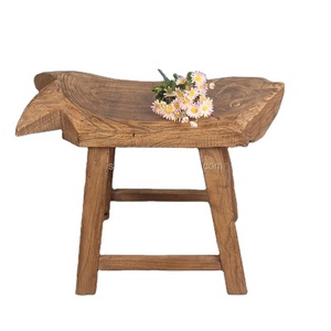 Tabouret carré extérieur en bois recyclé de style français antique, petit, sculpté, naturel, design nouveau - Product Image 1