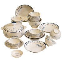 Ensemble de bols et de plats en céramique avec logo imprimé de style japonais, couleur sous-glaçure, motif de poisson, design mignon