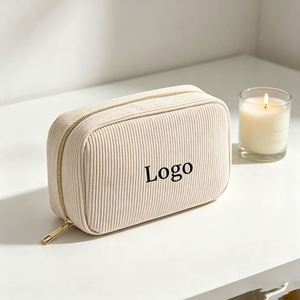 Personalized Custom Logo Travel Toiletry Cosmetic Pouch Plain Cute Small Zipper Corduroy Makeup Bag - Product Image 1