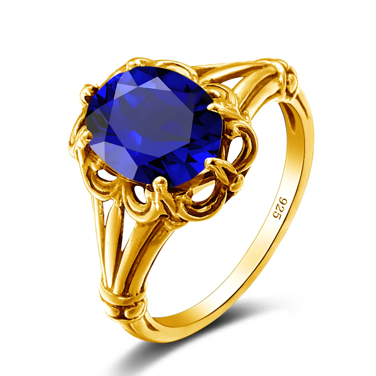 Cổ điển tinh tế Đồ Nư Cocktail Đảng ủng hộ 925 Sterling bạc mạ 18K vàng của phụ nữ Sapphire nhẫn đồ trang sức