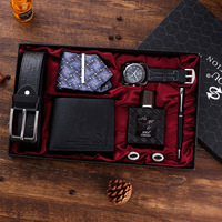 Set jam tangan kasual pria, 7 buah dengan dompet parfum kuarsa dengan tali kulit olahraga Set hadiah