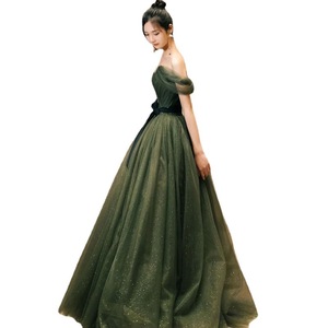 Abito da sera lungo da donna verde estivo con spalle scoperte, linea ad A, decorazioni in pizzo, vita naturale e <span class=keywords><strong>schiena</strong></span> in pizzo - Product Image 6