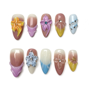 Ongles Press-on Faits Main 10 Pièces Personnalisables Courts Amande Fleur 3D Bordure Française Transparente Ongles <span class=keywords><strong>de</strong></span> Luxe Relevés - Product Image 1