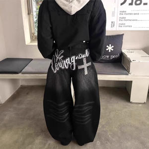 Jeans Harem en denim noir délavé à imprimé rétro américain pour hommes et femmes, nouveau printemps, pantalon ample amincissant à jambes larges - Product Image 1